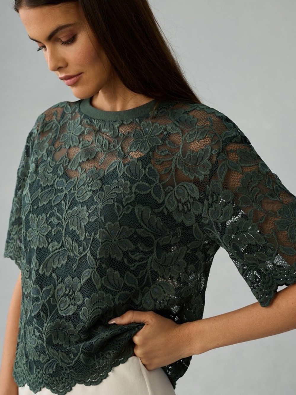 ANTHROPOLOGIE DOLAN Boxy Lace Tee - Dark Green Sheer Crop Top